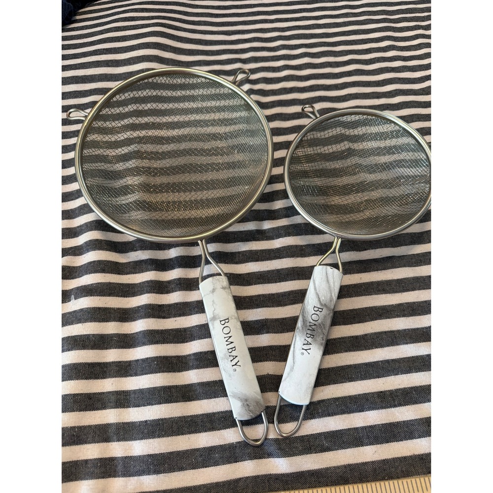 Bombay Stainless Steel Fine Mesh Strainer Set 2pc Marble Print Handles Silver